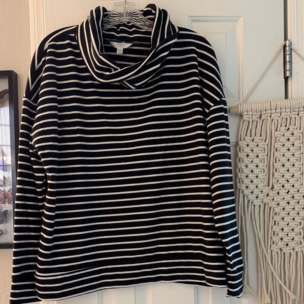 Time and Tru Black and White Striped Cowl Neck Fleece Sweatshirt